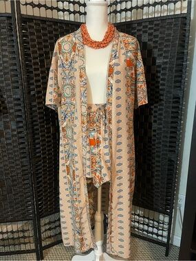 SHEIN Peach & Orange Printed Duster Kimono Set